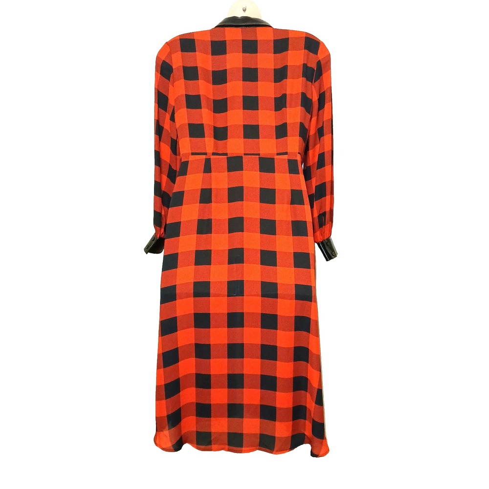 NY&C Women Longline Duster Top XXL Red Buffalo Plaid Checker Faux Leather Trim - Picture 8 of 10